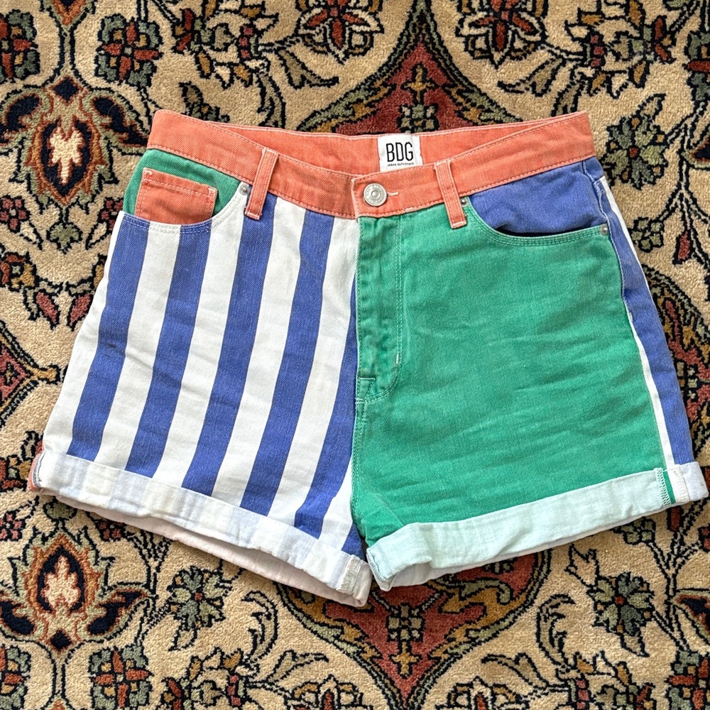BDG Blue and Green Striped Jean Shorts